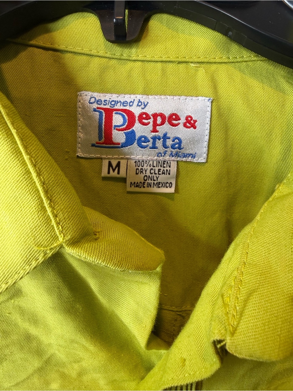 Pepe & Berta Men’s Chartreuse Linen Guayabera Jacket Lime Green Size Medium - Picture 3 of 5